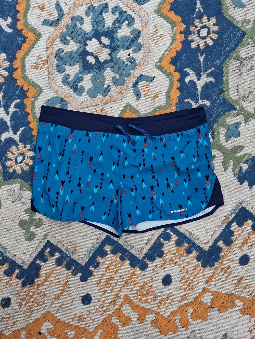 Patagonia Women’s Teal and Navy Arrow-Print Running Shorts